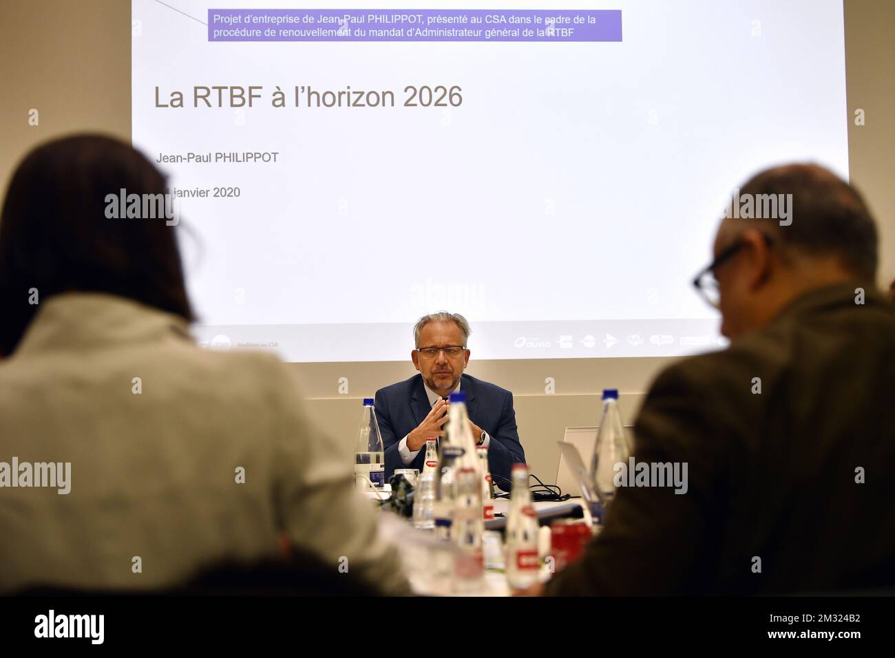L'amministratore generale della RTBF, Jean-Paul Philippot, ha illustrato nel corso di un'audizione dinanzi al collegio di autorizzazione e controllo del CSA, Consiglio superiore dell'audiovisivo, martedì 14 gennaio 2020, a Bruxelles. FOTO DI BELGA ERIC LALMAND Foto Stock