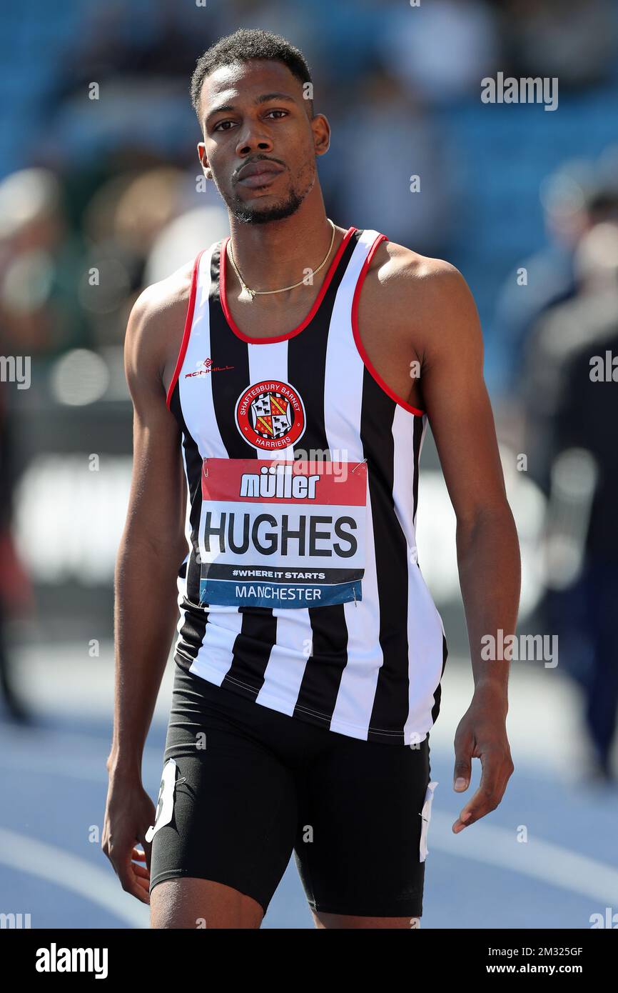 Zharnel Hughes dopo aver terminato il 3rd nei campionati di atletica del Regno Unito di Müller presso la Manchester Regional Arena Foto Stock