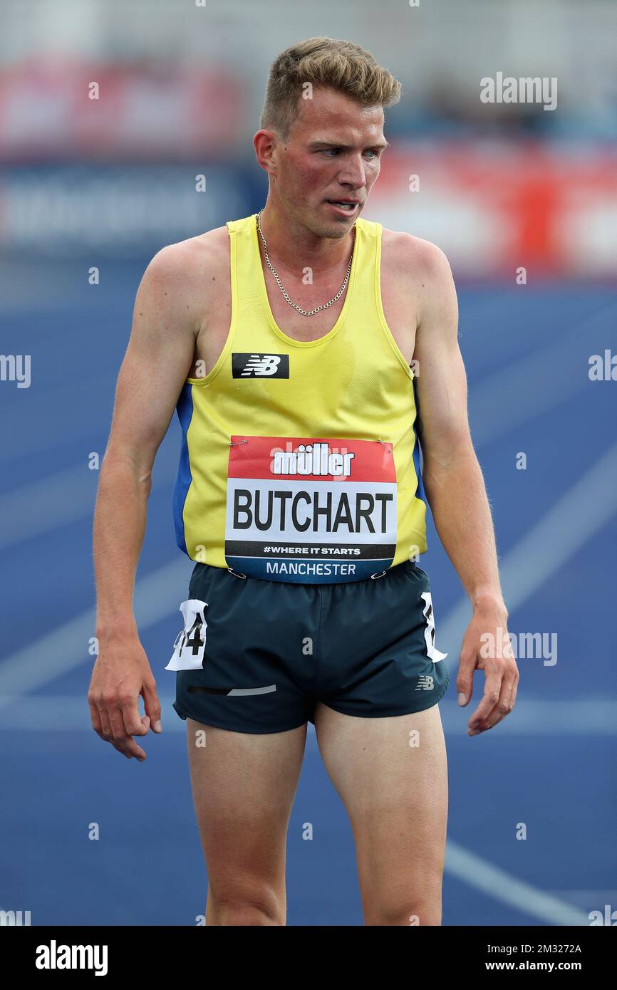 Andrew Butchart dopo la finale del 500m al Müller UK Athletics Championships alla Manchester Regional Arena Foto Stock