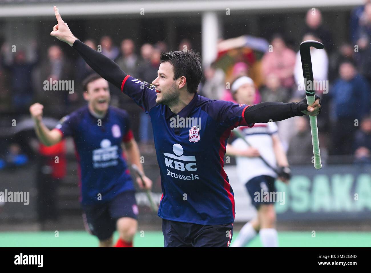 Il Leopold's Gaspar Baumgarten festeggia dopo aver segnato la partita di hockey tra i KHC Dragons e il Royal Leopold Club, il giorno 12 del campionato belga di hockey di prima divisione, domenica 08 marzo 2020 a Brasschaat. FOTO DI BELGA LAURIE DIEFFEMBACQ Foto Stock