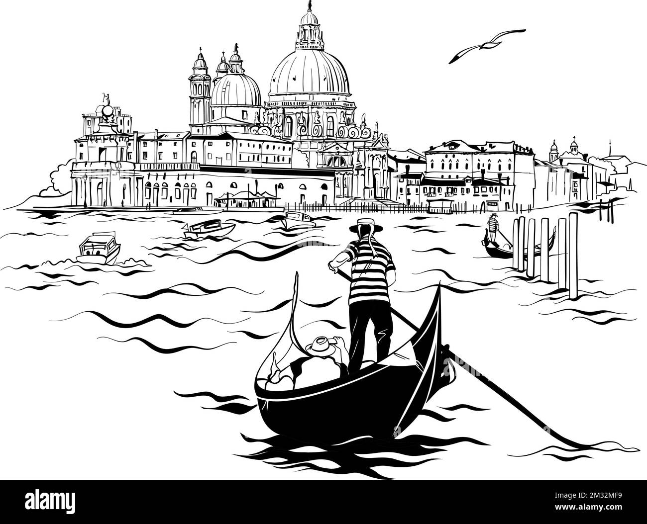 Gondoliere in gondola sul Canal Grande, Santa Maria della Salute sullo sfondo, Venezia, Italia. Bianco e nero Illustrazione Vettoriale