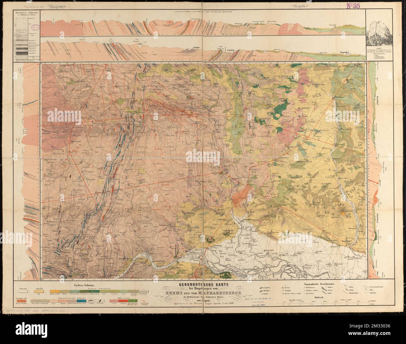 Geognostische karte der umgebungen von Krems und vom Manhardsberge : jm flächenraume von 34 Quadrat meilen , Geologia, Austria, bassa Austria, Mappe, Geologia, Austria, Krems an der Donau Politischer Bezirk, Mappe, Geologia, Austria, Horn Politischer Bezirk, Mappe, Geologia, Austria, Hollabrunn Politischer Bezirk, Mappe, Bassa Austria Austria, Mappe Norman B. Leventhal Map Center Collection Foto Stock