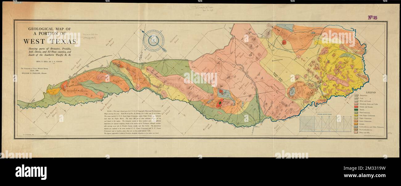 Mappa geologica di una porzione del Texas occidentale : mostra parti di Brewster, Presidio, Jeff. Davis, e le contee di El Paso, e sud del R.R del Pacifico meridionale, Geologia, Texas, ovest, Mappe, Texas, West, Maps Norman B. Leventhal Map Center Collection Foto Stock