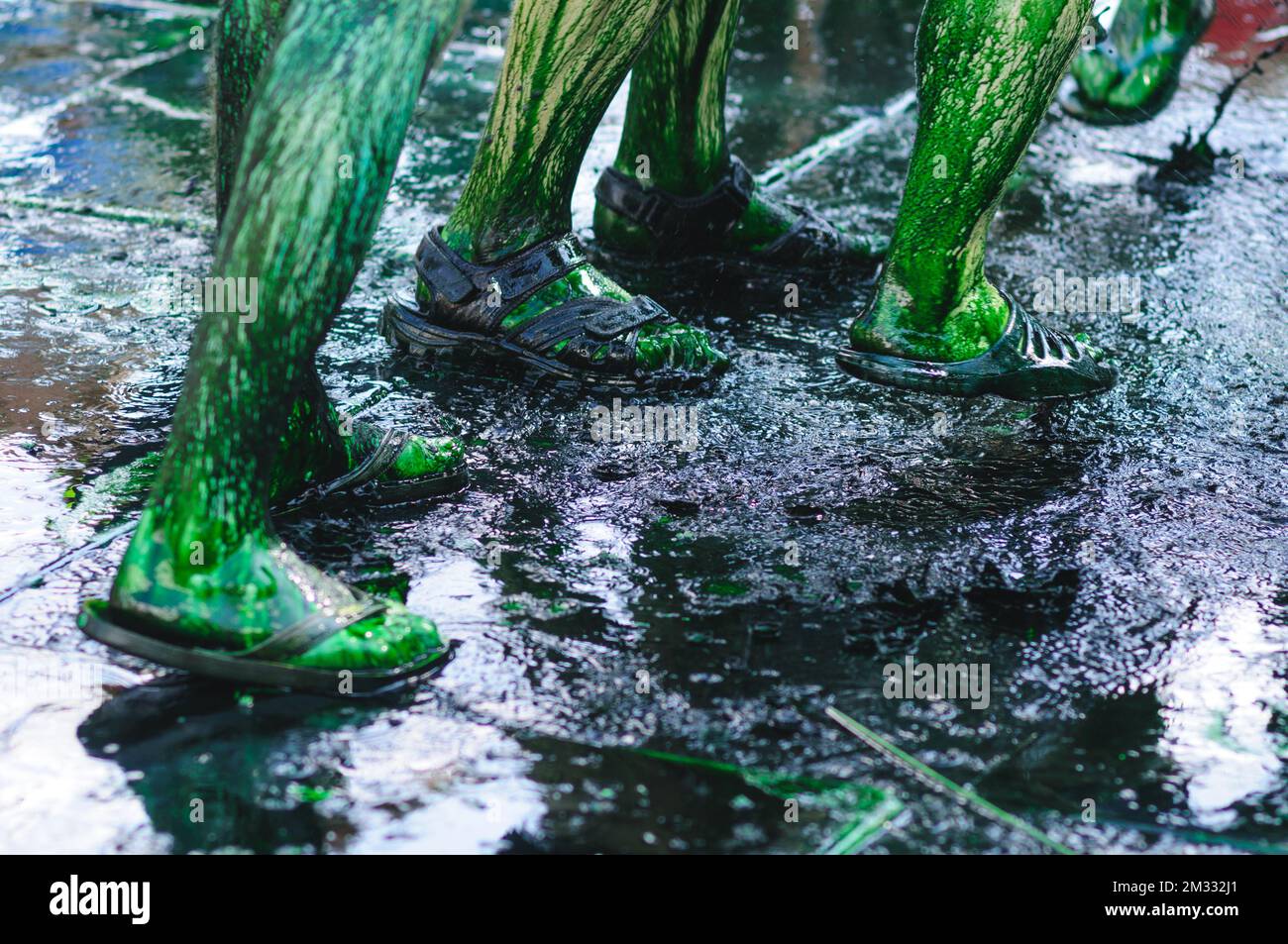 Gambe di due persone in una vernice verde durante la festa di Holi Foto Stock