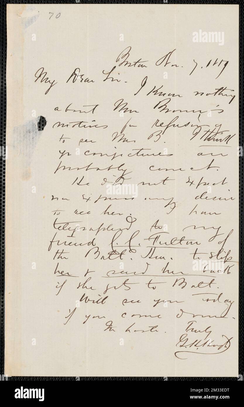 Lettera autografa di George H. Hoyt firmata a [Thomas Wentworth Higginson], Boston, 7 novembre 1859 , abolizionisti, Stati Uniti, movimenti antislavery, Stati Uniti, Storia, 19th ° secolo, Harpers Ferry W. Virginia, Storia, RAID di John Brown, 1859, Brown, John, 1800-1859, Brown, Mary Ann Day, 1816-1884. John Brown- corrispondenza relativa a John Brown e al raid su Harpers Ferry Foto Stock