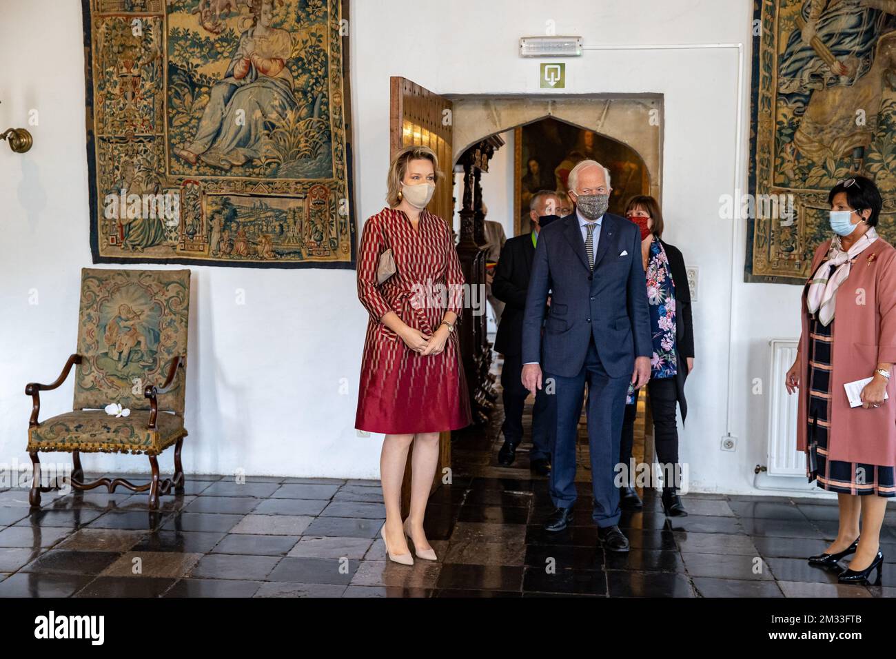 La regina Mathilde del Belgio ha raffigurato durante una visita al castello di Laarne (Kasteel van Laarne) a Laarne, durante una visita regale nella provincia delle Fiandre Orientali, mercoledì 30 settembre 2020. BELGA FOTO KURT DESPLENTER Foto Stock