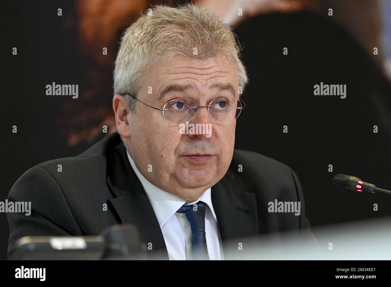Dirk Terweduwe, CEO di Credendo, ha illustrato in un momento di stampa organizzato per il centenario della società Credendo, l'assicurazione crediti è stata fondata un secolo fa, a Bruxelles, mercoledì 10 febbraio 2021. FOTO DI BELGA DIRK WAEM Foto Stock
