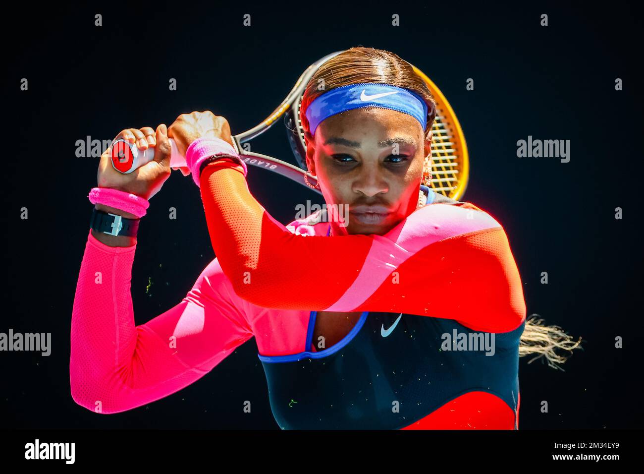 American Serena Williams ha mostrato durante una partita di tennis tra American Serena Williams (WTA 11) e Russian Anastasia Potapova (WTA 101) , nel terzo round della competizione femminile di tennis 'Australian Open' Grand Slam, venerdì 12 febbraio 2021 a Melbourne Park, Melbourne, Australia. FOTO DI BELGA PATRICK HAMILTON Foto Stock