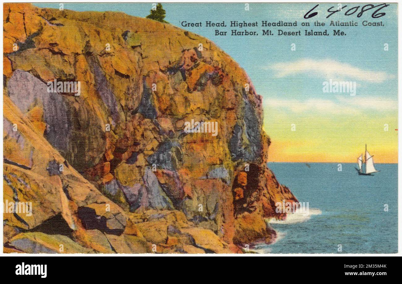 Great Head, il promontorio più alto della costa atlantica, Bar Harbor, Mt. Desert Island, Me. , Seas, Tichnor Brothers Collection, cartoline degli Stati Uniti Foto Stock