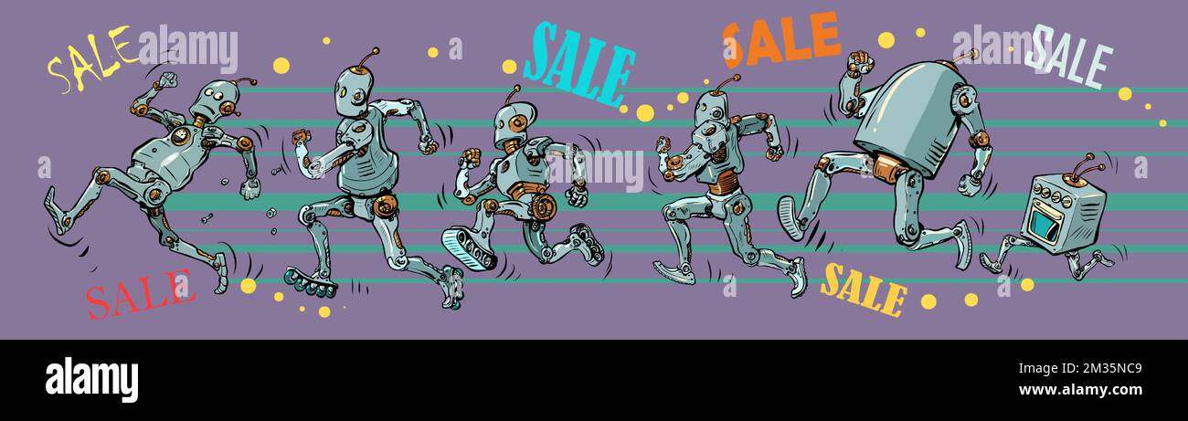 uomini e robot correre in vendita, corsa veloce maratona sport. I consumatori si affrettano a raggiungere il negozio Illustrazione Vettoriale uomini e robot correre in vendita, corsa veloce maratona sport. I consumatori si affrettano a raggiungere il negozio Illustrazione Vettoriale