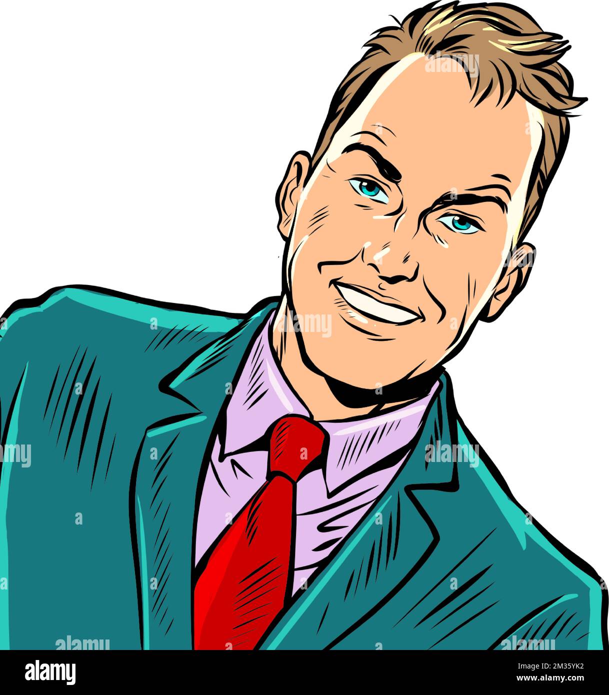 Ritratto sorridente, immagine positiva di un giovane. uomo d'affari in un vestito Illustrazione Vettoriale