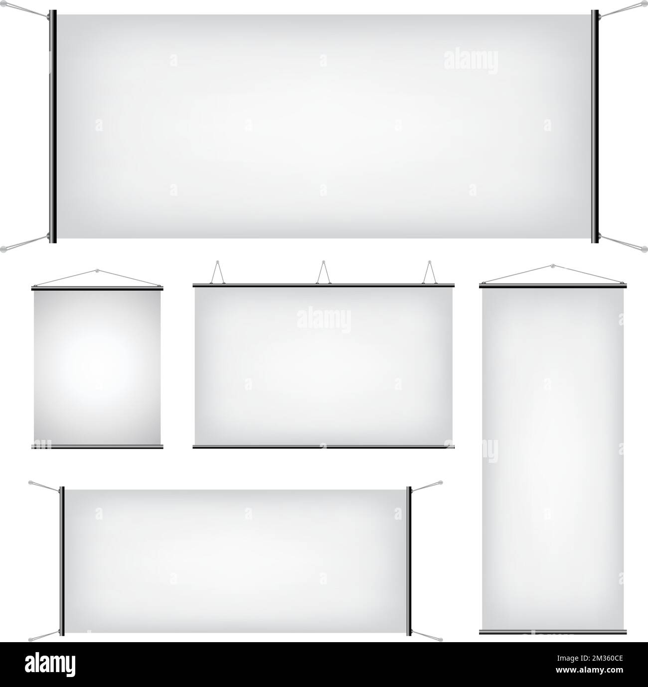 Banner in tela sospeso promozionali isolati su sfondo bianco Illustrazione Vettoriale
