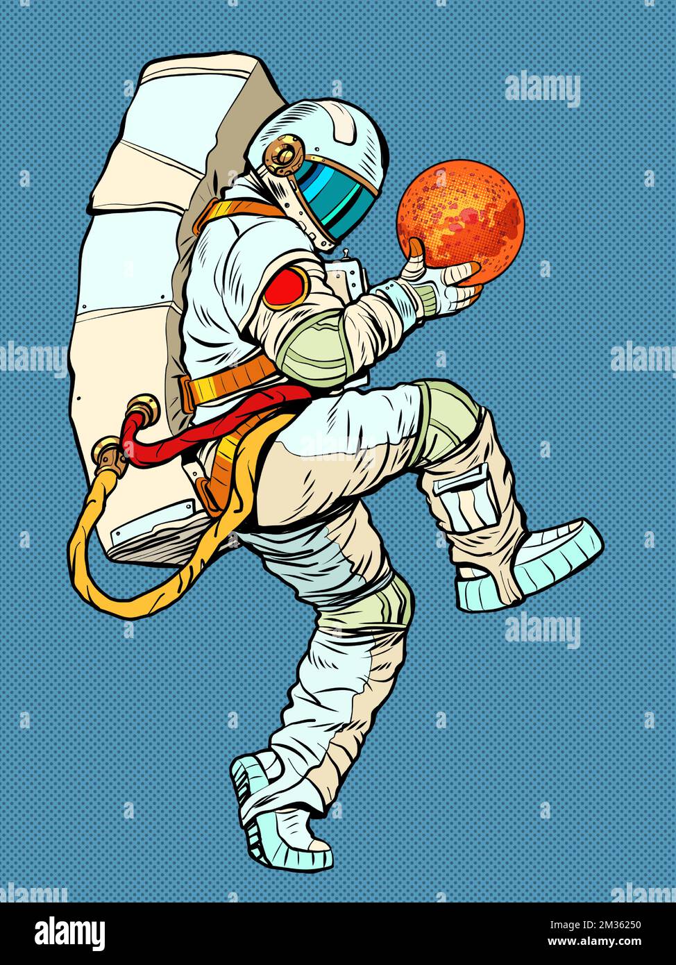 astronauta tenere il pianeta mars nelle sue mani, spazio business esplorazione dello spazio e la scienza. uomo in una posa divertente Illustrazione Vettoriale