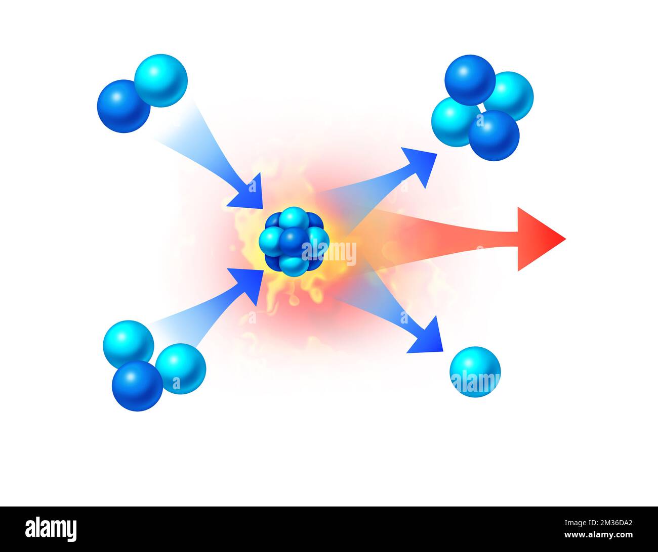Concetto di energia di fusione e fisica di generazione di energia nucleare simbolo di scienza come forme astratte che rappresentano elementi concettuali microscopici con elio Foto Stock