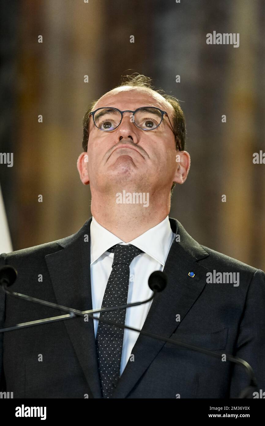 Il primo ministro francese Jean Castex ha illustrato nel corso di un incontro diplomatico tra Belgio e Francia per discutere della sicurezza a Bruxelles, lunedì 22 novembre 2021. I paesi discuteranno della lotta al terrorismo e all'estremismo violento, della gestione dell'immigrazione clandestina, della cooperazione transfrontaliera tra le forze di polizia e della sicurezza informatica. FOTO DI BELGA ERIC LALMAND Foto Stock