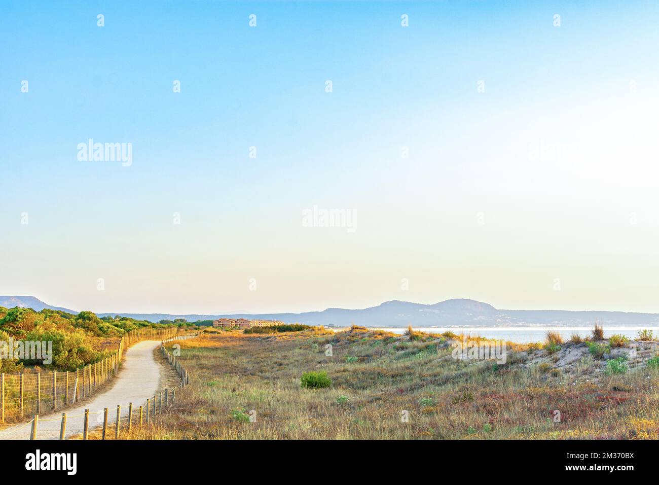 Alba a Pals, percorso vicino alla spiaggia e dune selvatiche a Pals, Catalogna, Spagna Foto Stock