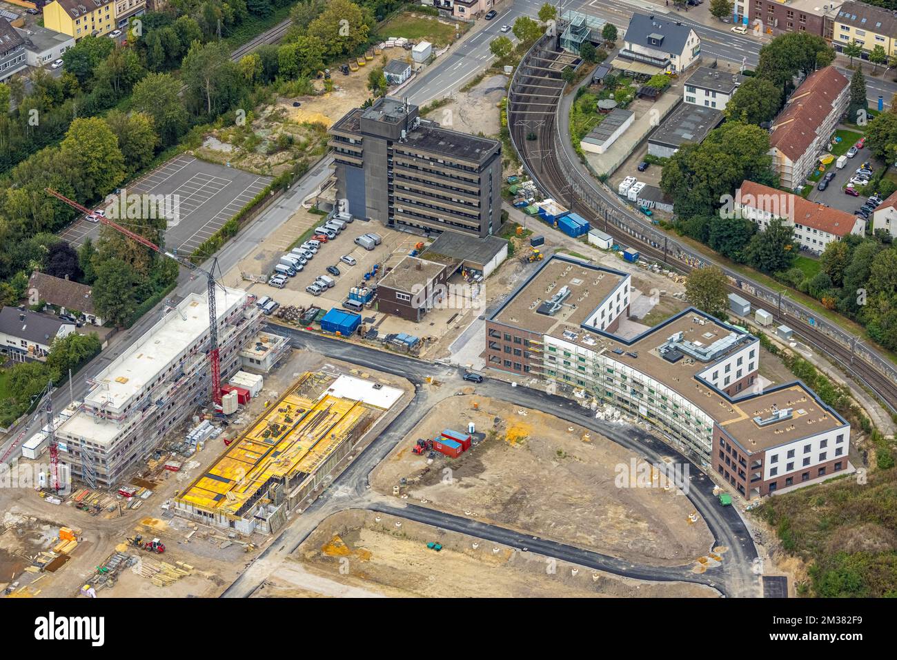 Veduta aerea, cantiere Hombrucher Bogen per le aree commerciali e gli edifici di appartamenti nel distretto di Hombruch a Dortmund, Ruhr, Nord Reno- Foto Stock