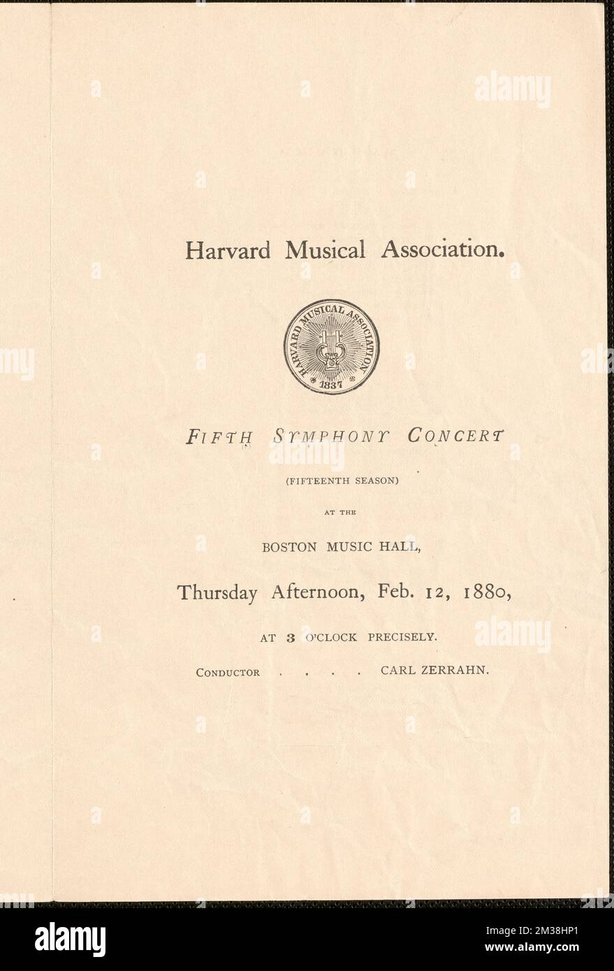 Quinto concerto sinfonico dell'associazione musicale di Harvard (XV stagione), presso la Boston Music Hall, giovedì pomeriggio, 12 febbraio 1880, Concerti, Boston Music Hall Boston, Mass., Harvard Musical Association, Zerrahn, Carl, 1826-1909, Omero, Louise, 1871-1947, Berlioz, Hector, 1803-1869. Graupner e le prime partiture musicali di Boston più Boston Music Hall Ephemera Foto Stock