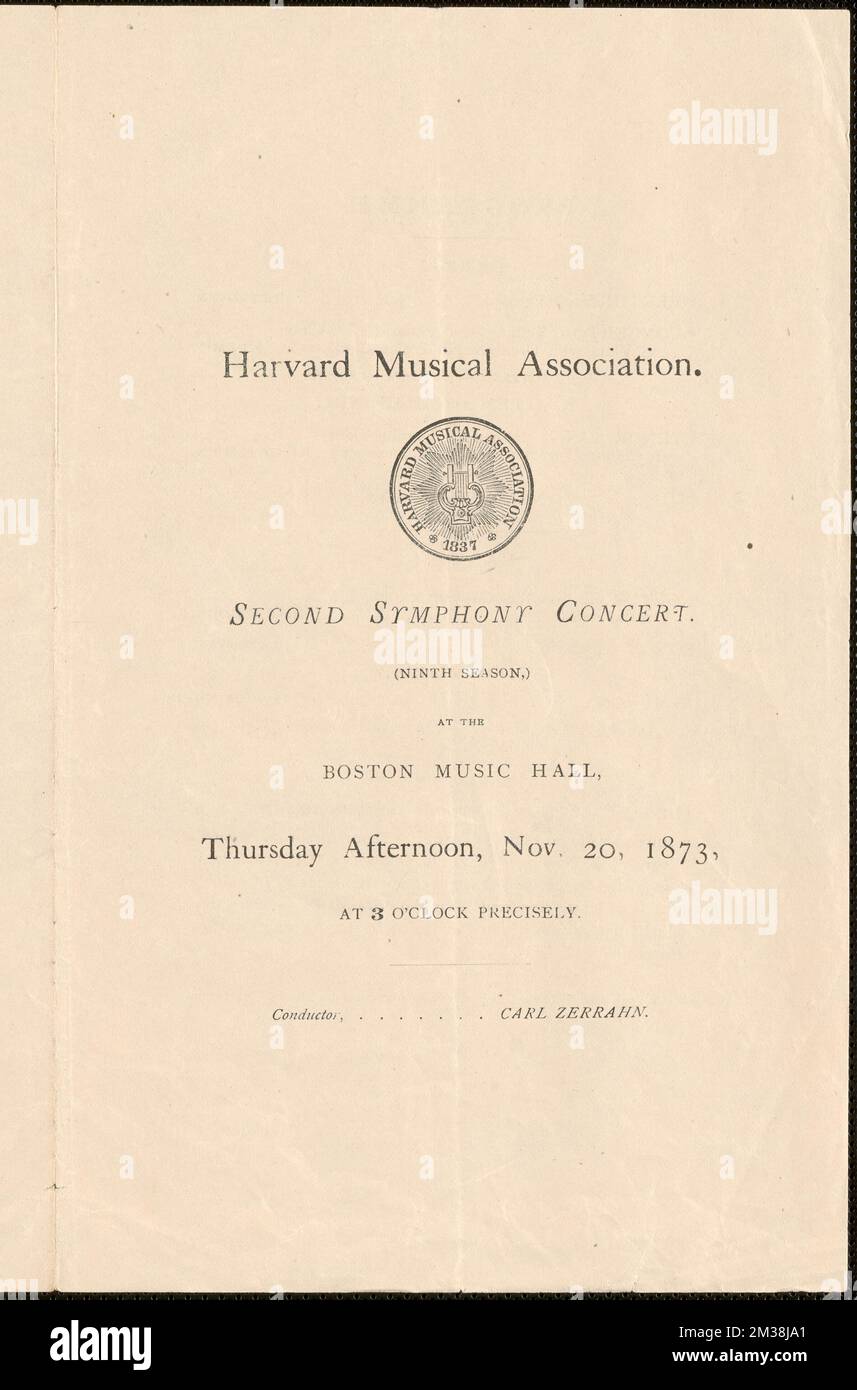 Harvard Musical Association, secondo concerto sinfonico, (nona stagione) presso la Boston Musical Hall, giovedì pomeriggio, 20 novembre 1873, Concerti, Boston Music Hall Boston, Mass., Harvard Musical Association, Zerrahn, Carl, 1826-1909, Allen, Charles N., 1837-1903. Graupner e le prime partiture musicali di Boston più Boston Music Hall Ephemera Foto Stock