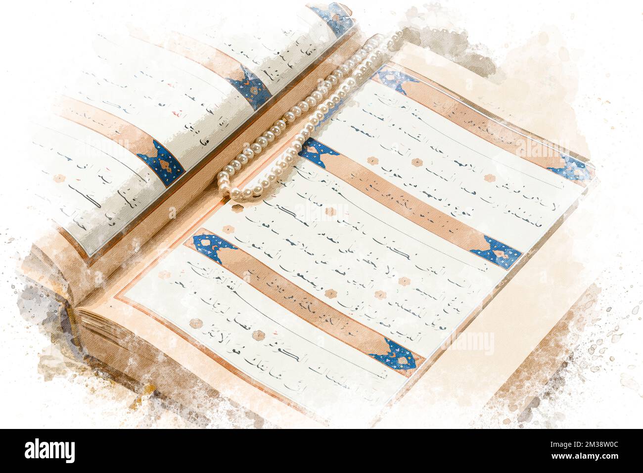 Acquerello del Santo Corano. Leggere il Corano durante il mese del Ramadan. Vista dall'alto. Foto Stock