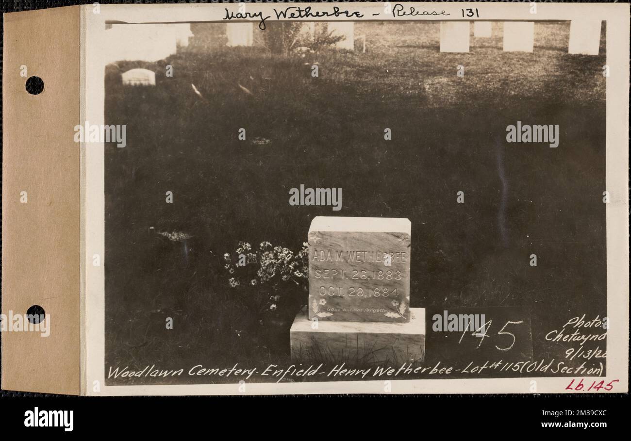 Henry Wetherbee, Woodlawn Cemetery, sezione vecchia, lotto 115, Enfield, Massa, 13 settembre 1928 : Mary Wetherbee, Release 131 , opere d'acqua, serbatoi strutture di distribuzione dell'acqua, immobiliare, cimiteri Foto Stock