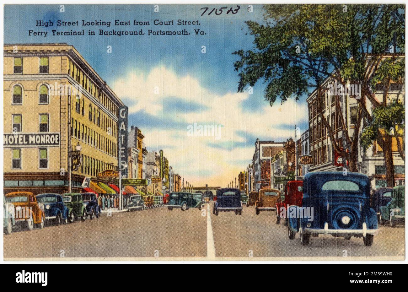 High Street guardando ad est da Court Street, Terminal dei traghetti sullo sfondo, Portsmouth, Virginia , Cities & Cities, Tichnor Brothers Collection, cartoline degli Stati Uniti Foto Stock