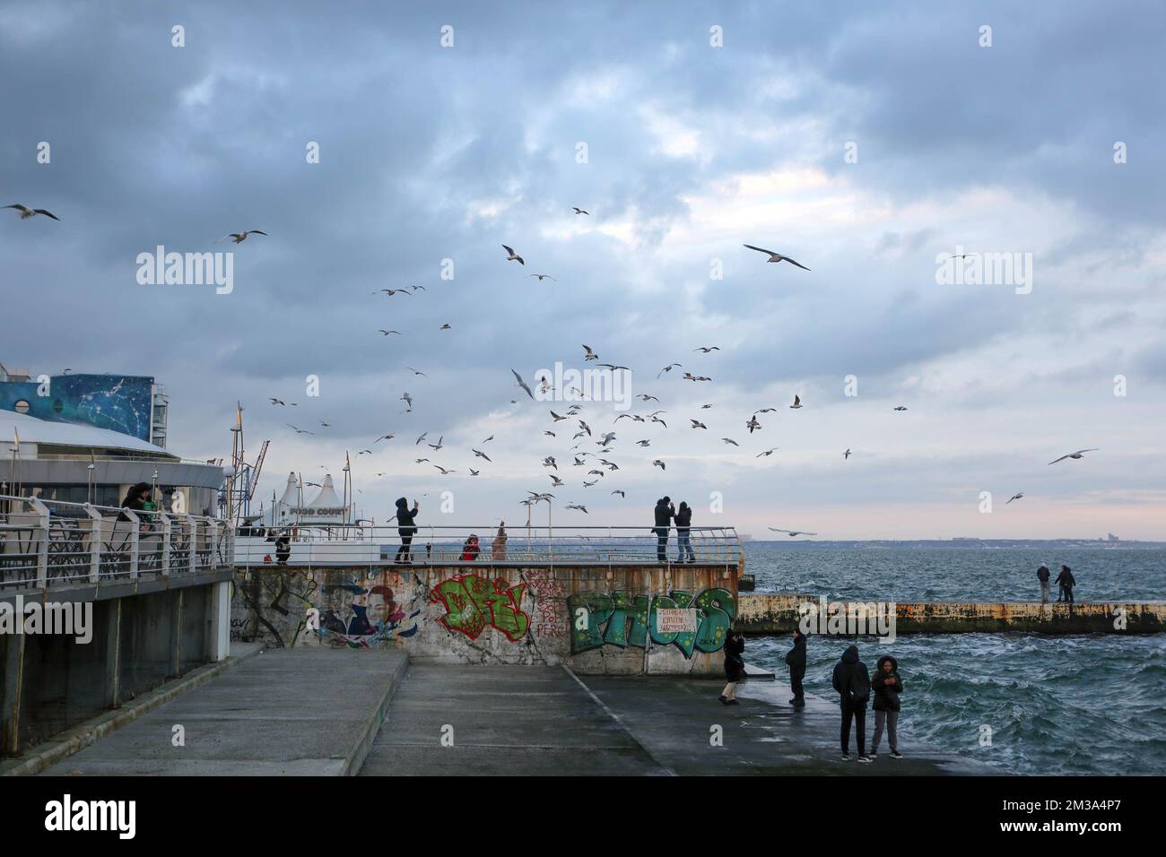 Odessa, Ucraina. 14th Dec, 2022. La gente si vede rilassarsi vicino all'acqua e fotografare gabbiani sulla spiaggia di Lanzheron. La gente cerca di distrarsi dai problemi associati alla guerra facendo una passeggiata sul mare. (Foto di Viacheslav Onyshchenko/SOPA Images/Sipa USA) Credit: Sipa USA/Alamy Live News Foto Stock