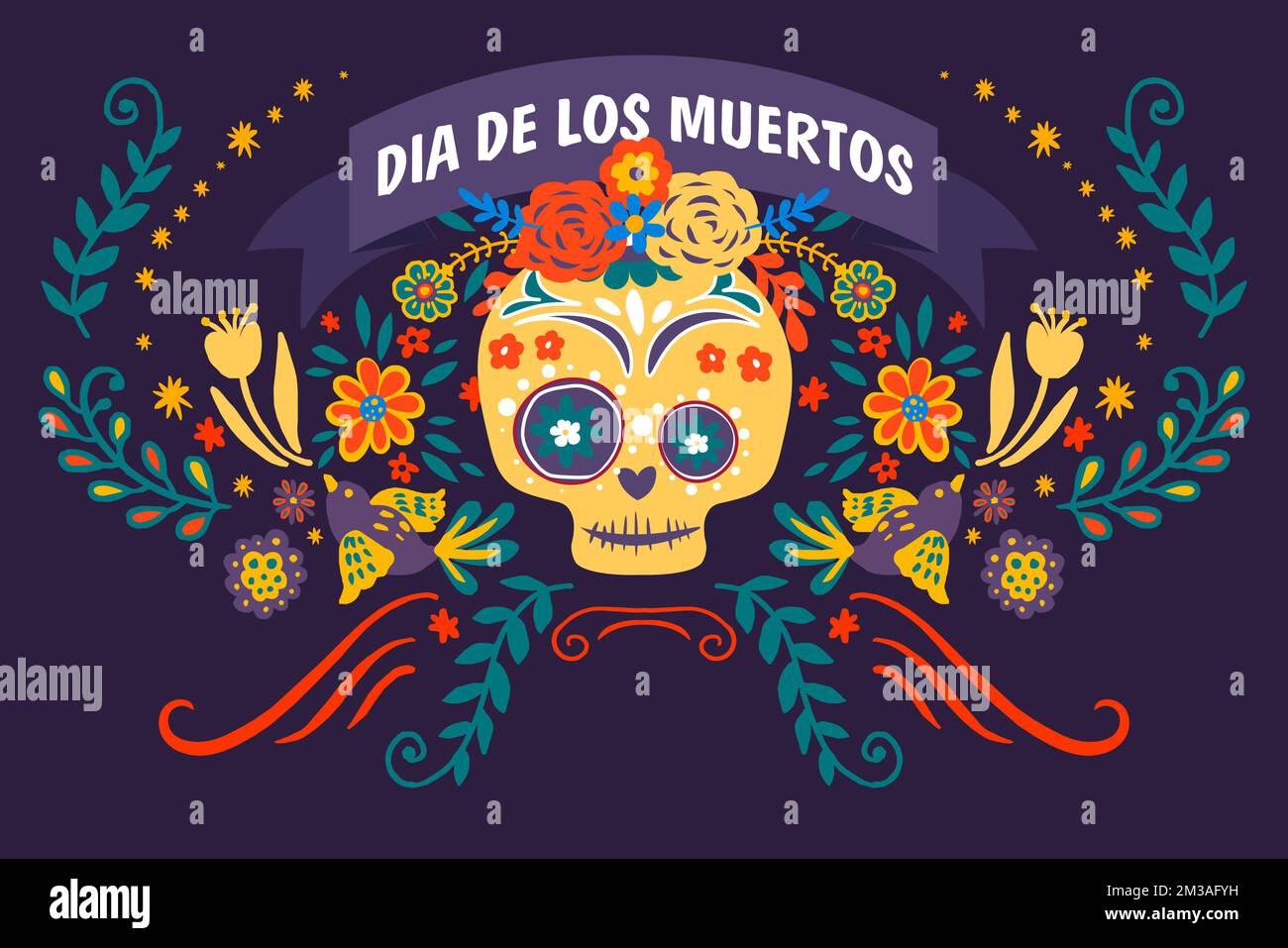 Giorno della bandiera morta con flora decorativa e fogliame. Dia de los muertos, celebrazione della tradizionale vacanza messicana. Teschi ornati con botanica, f Illustrazione Vettoriale