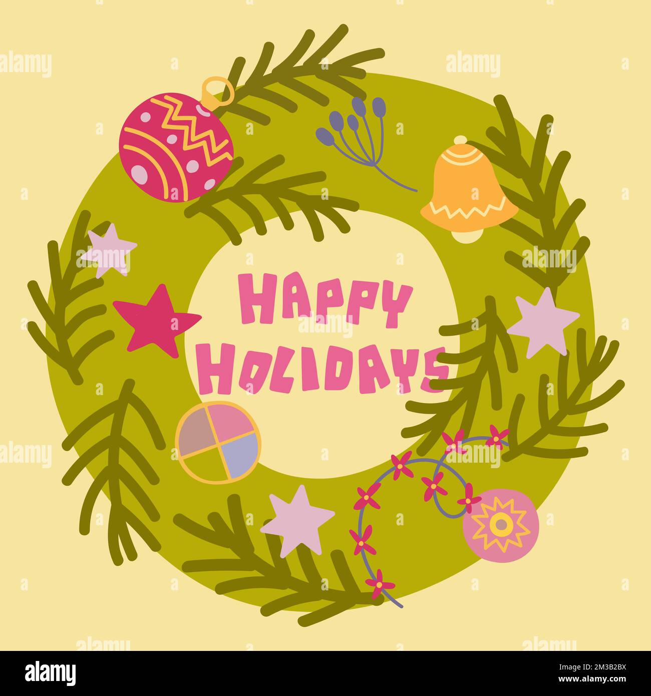 Christmas wreath with hand lettering Happy Holidays. Illustrazione Vettoriale