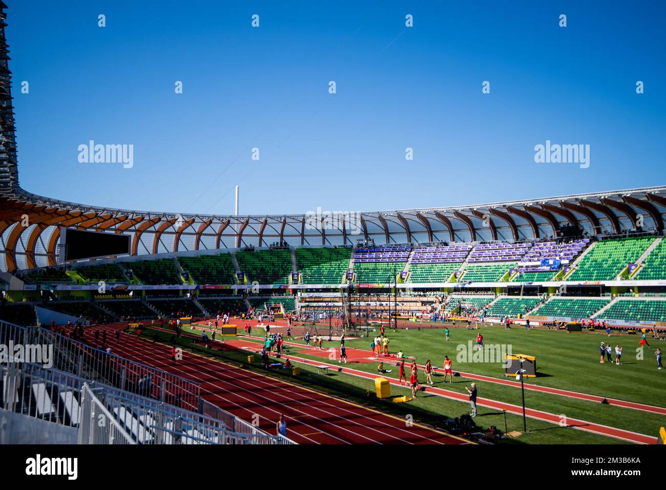 L'immagine mostra lo stadio Hayward Field una sessione di allenamento in vista dei Campionati mondiali di atletica IAAF 19th di Eugene, Oregon, USA, giovedì 14 luglio 2022. I Mondi si svolgono dal 15 al 24 luglio, dopo essere stati rinviati nel 2021 a causa della pandemia del virus corona in corso. BELGA FOTO JASPER JACOBS Foto Stock