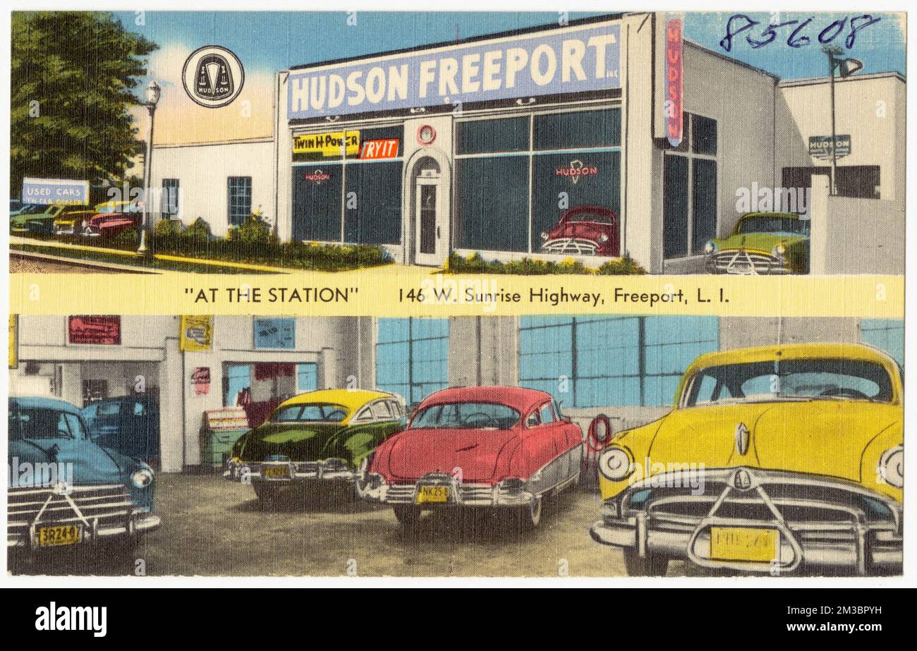 Aeroporto di Hudson. "At the station" 146 W. Sunrise Highway, Freeport, L. I. , Stazioni di servizio per automobili, strutture commerciali, Tichnor Brothers Collection, cartoline degli Stati Uniti Foto Stock