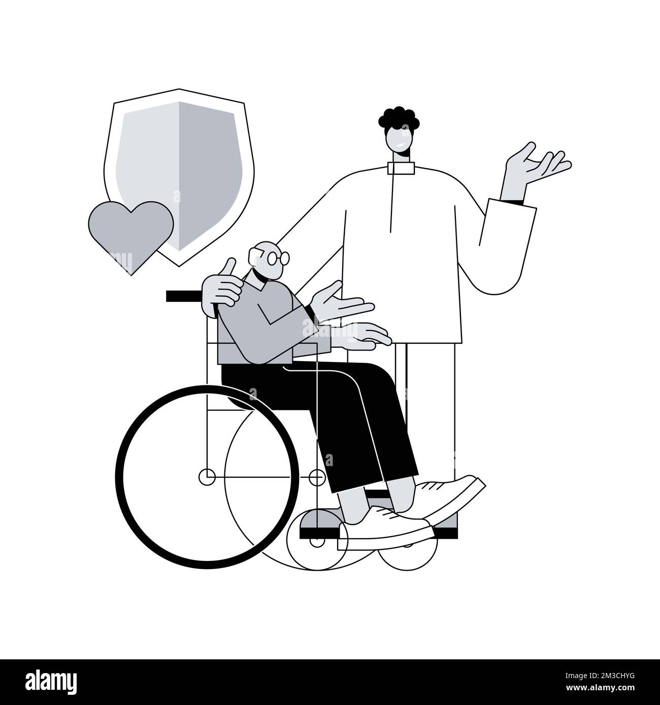 Cura dell'illustrazione del vettore del concetto astratto disabilitato. Cura di invalidità, sindrome di Down, anziani su sedia a rotelle, aiuto per anziani, professionale casa infermieristica servizi metafora astratta. Illustrazione Vettoriale