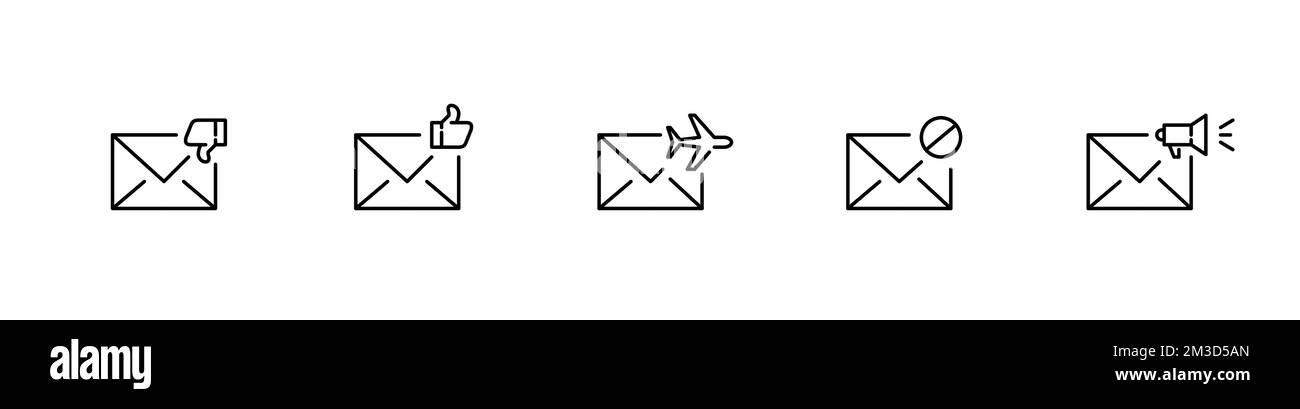 Set di 5 icone e-mail. Spam, condivisione, come e non piace, consegna internazionale. Pixel Perfect, tratto modificabile Illustrazione Vettoriale Set di 5 icone e-mail. Spam, condivisione, come e non piace, consegna internazionale. Pixel Perfect, tratto modificabile Illustrazione Vettoriale