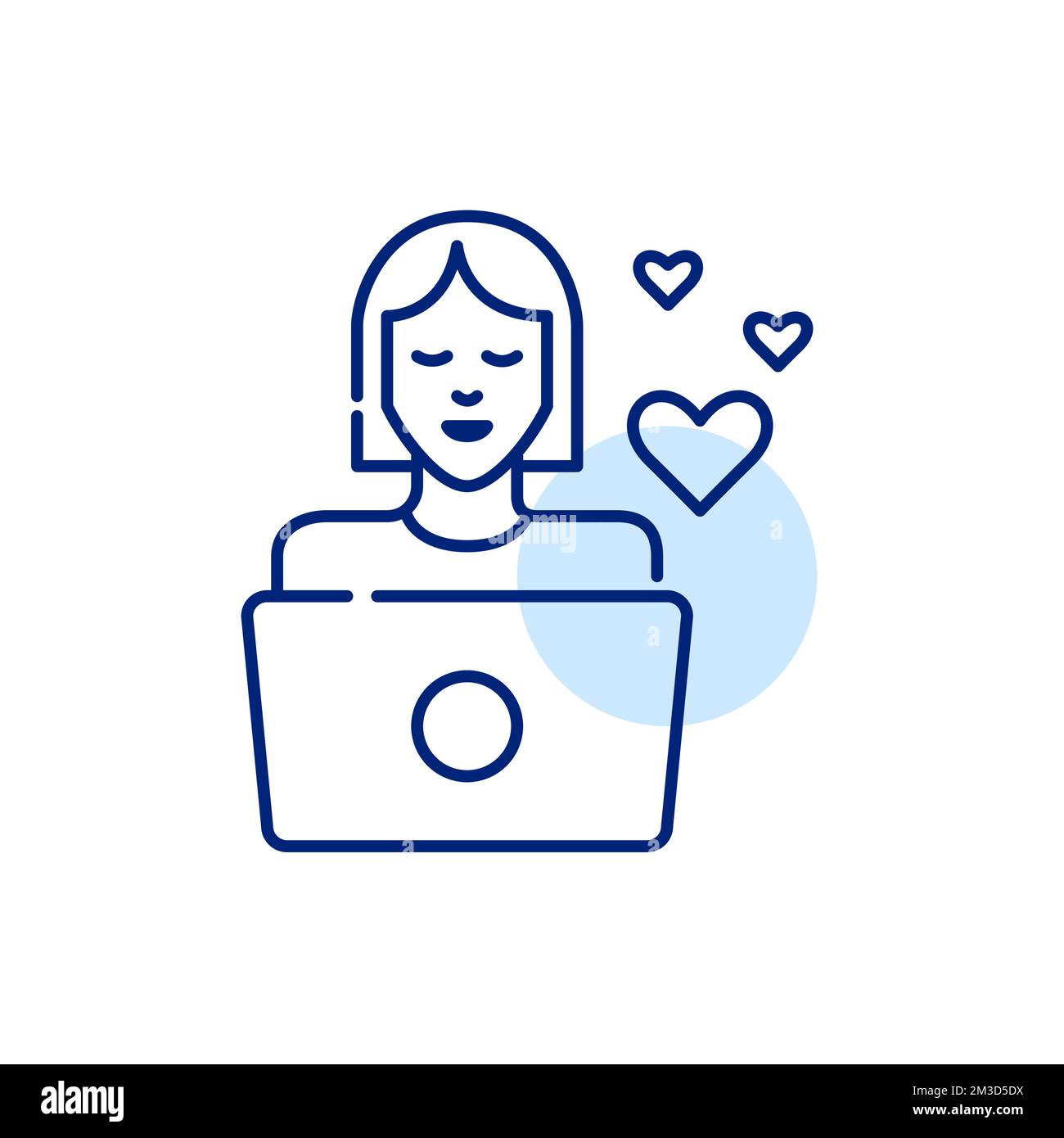 Giovane donna al suo laptop che riceve più notifiche positive di feedback cardiaco. Pixel Perfect, icona del tratto modificabile Illustrazione Vettoriale