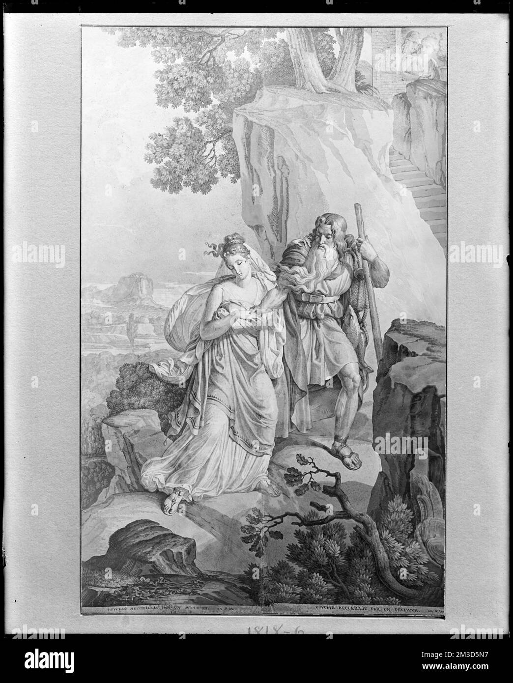 Dettaglio interno, carta da parati, pannello numero 7 'Cupido e Psiche' , Sfondi, divinità romana Cupida, divinità greca Psiche. Frank Cousins Collezione di negativi in lastra di vetro Foto Stock