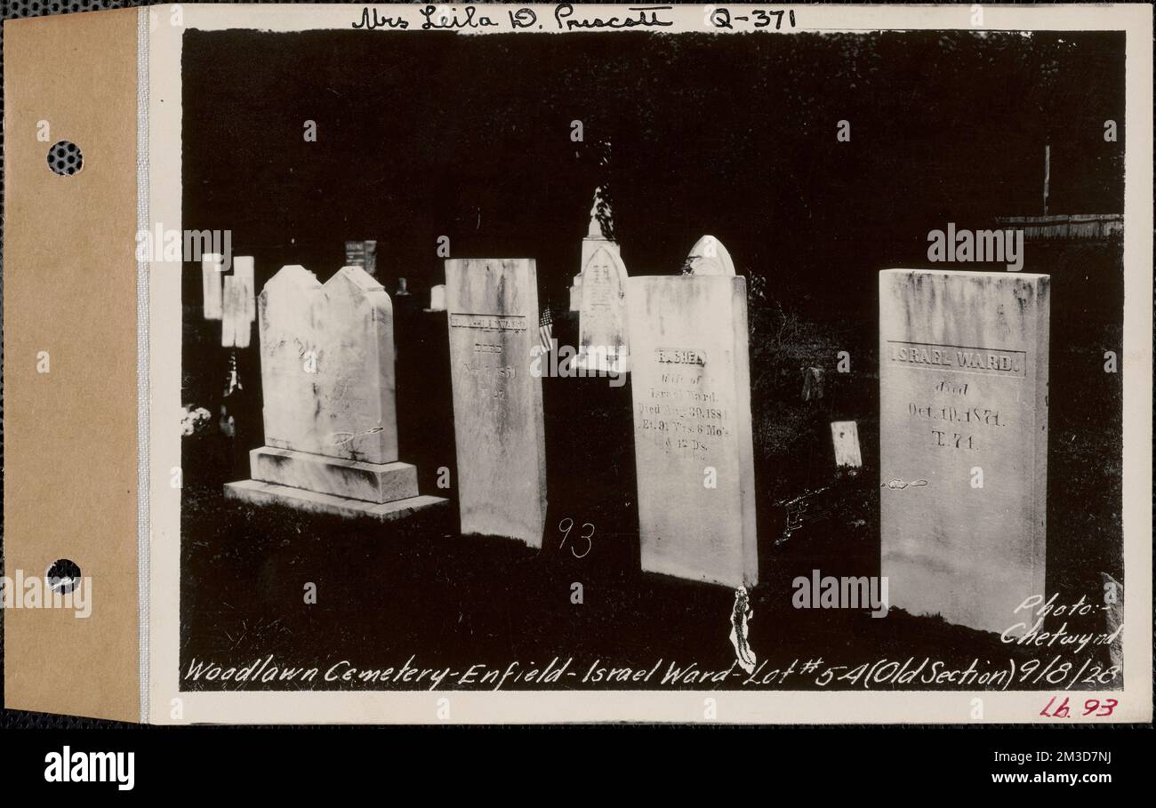 Israel Ward, Woodlawn Cemetery, Old Section, Lot 54, Enfield, Messa, 8 settembre 1928 : Sig.ra Leila D. Prescott, Q-371 , acquedotti, serbatoi strutture di distribuzione dell'acqua, immobiliare, cimiteri Foto Stock
