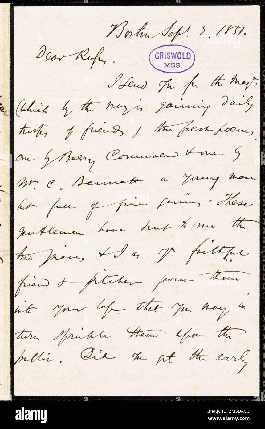 James Thomas Fields, Boston, ma., lettera autografa firmata a R. W. Griswold, 2 settembre 1851 , letteratura americana, 19th ° secolo, Storia e critica, Autori, Americano, 19th ° secolo, corrispondenza, Autori ed editori, Poeti, Americano, 19th ° secolo, corrispondenza, Cornovaglia, Barry, 1787-1874. Cartine Rufus W. Griswold Foto Stock
