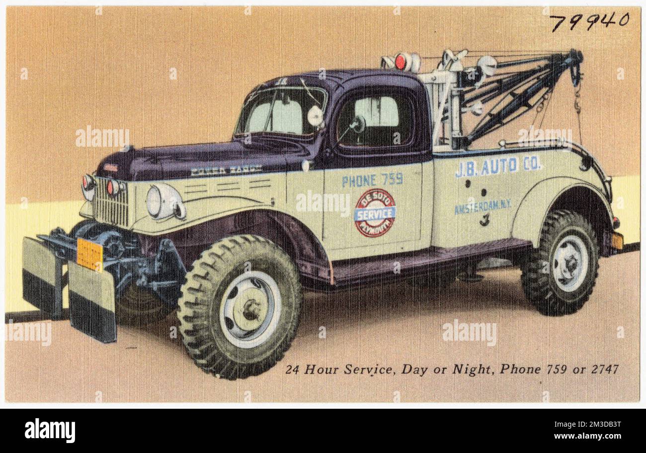 J.B. Auto Co. 24 ore di servizio, giorno o notte, telefono 759 o 2747, stazioni di servizio di Automobile, Tichnor Brothers Collection, cartoline degli Stati Uniti Foto Stock