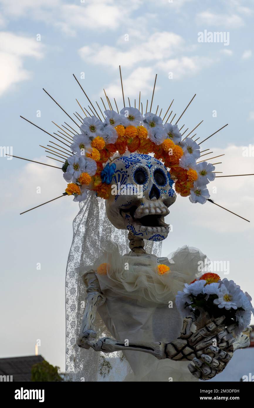 Halloween bellezza ritratto di una donna scheletro di morte Bokeh glitter, il trucco sul viso. Foto Stock