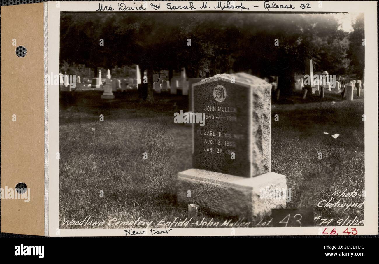 John Mullen, Woodlawn Cemetery, nuova sezione, lotto 74, Enfield, Messa, 7 settembre 1928 : Sig.ra David e Sarah M. Milsop, Release 32 , opere d'acqua, serbatoi strutture di distribuzione idrica, immobiliare, cimiteri Foto Stock