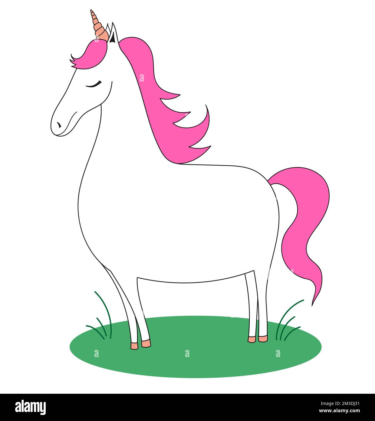 Unicorno con una criniera rosa sull'erba. Doodle cavallo. Illustrazione vettoriale semplice del capretto. Illustrazione Vettoriale