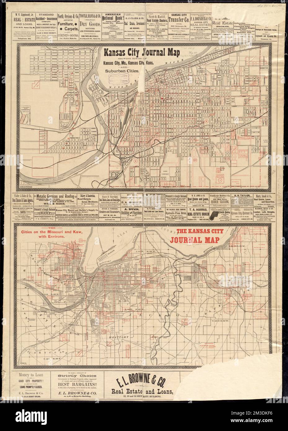Mappa del giornale di Kansas City che mostra le città di Kansas City, Mo., Kansas City, Kan., e le città suburbane; le città sul Missouri e Kaw, con i dintorni, Railroads, Missouri, Kansas City, Mappe, Ferrovie, Kansas, Kansas City, Mappe, Proprietari terrieri, Missouri, Kansas City, Mappe, proprietari terrieri, Kansas, Kansas City, Mappe, Kansas City Lu., Mappe, Kansas City Kan., Mappe Norman B. Leventhal Map Center Collection Foto Stock