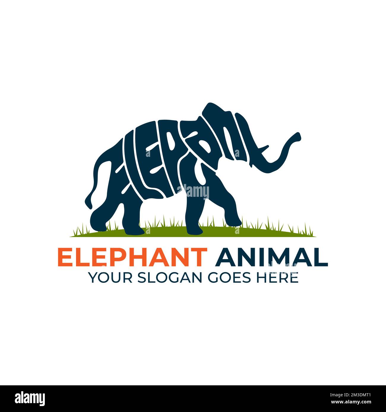 Elephant Wildlife animale logo vettore, icona con Warp testo a forma di un elefante animale illustrazione Illustrazione Vettoriale