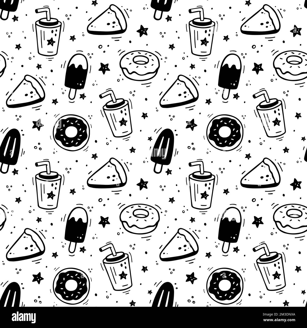 Modello fast food. Icone disegnate a mano dessert fast food. Schizzo degli elementi dolci dello spuntino - gelato, ciambelle, torta, bevanda, milkshake. Fast food Illustrat Illustrazione Vettoriale
