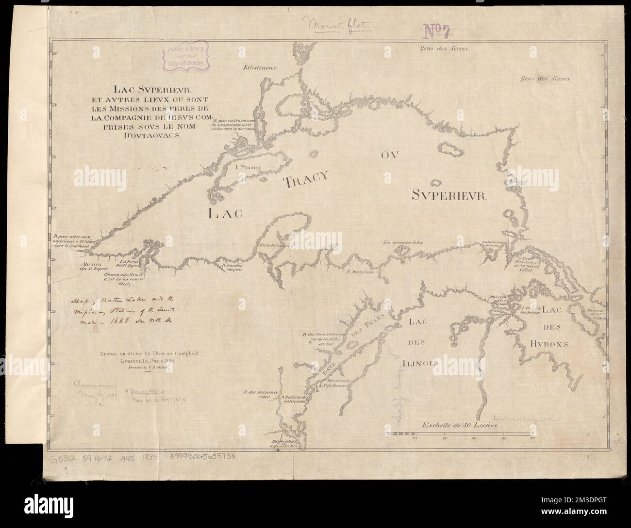 Lac superiore et autres lieux ou sont les missions des peres de la compagnie de Iesus comprende sous le nom d'Outaouacs , gesuits, carte geografiche, superiore, lago, Mappe, prime opere del 1800, Facsimiles Norman B. Leventhal Map Center Collection Foto Stock