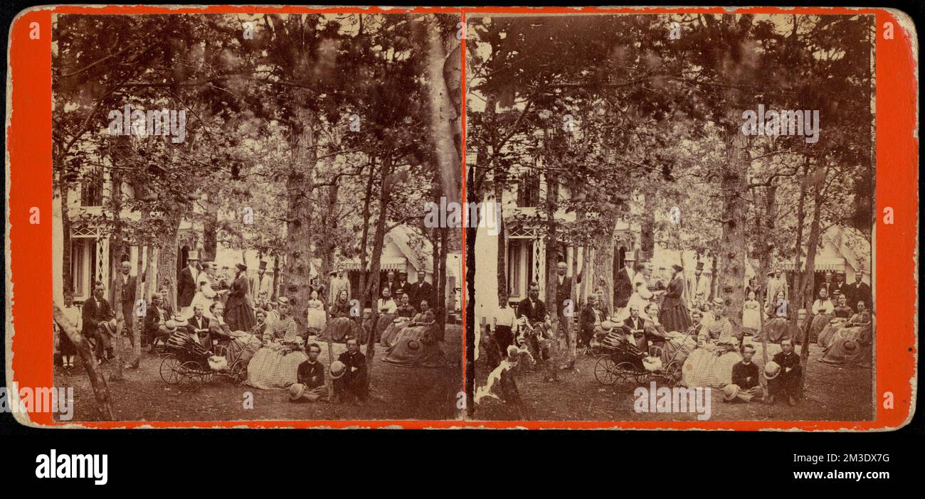 Grande gruppo di persone, seduti e in piedi, alcuni socializzanti, con cottage sullo sfondo, abitazioni, alberi Foto Stock