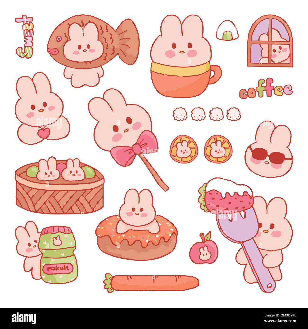 Cute coniglietto coniglio e dessert mano disegnata illustrazione set collezione trasparente rivista adesivo 2 Foto Stock