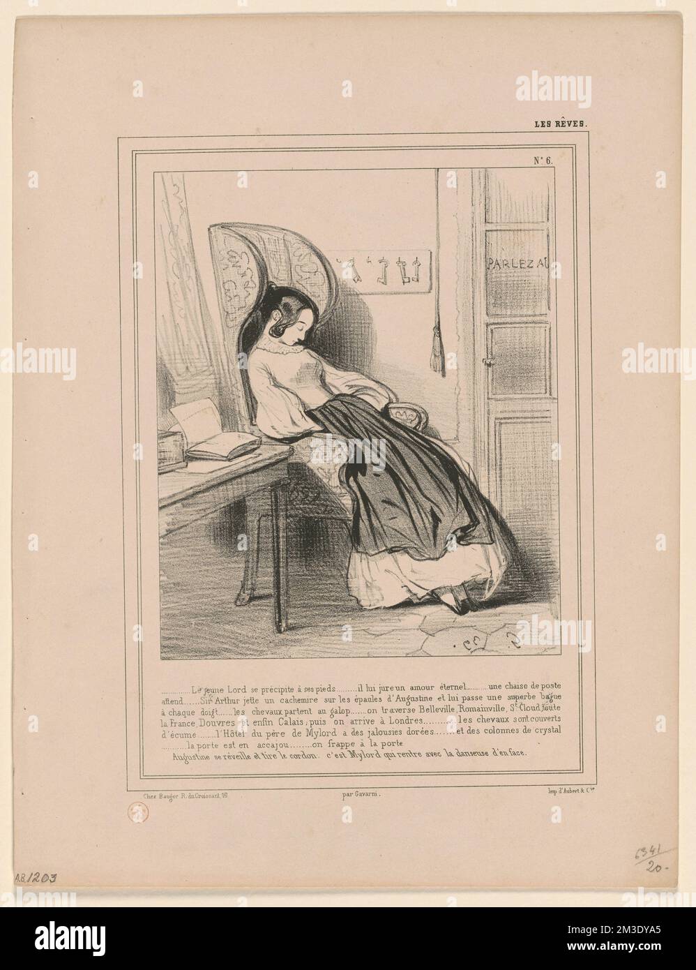 ...Le jeune Lord se précipite à ses pieds...il lui jure un amour éternel...une chaise de poste - assistete...Sir Arthur jette un cachemire sur les épaules d'Augustine et lui passe une superbe bague - à chaque doigt...les chevaux partent au galop...su traversata, Romainville, la Cloud, Francia Et enfin Calais puis on come arrivare à Londres...les chevaux son couverts - d'écume...l'Hôtel du père de Mylord a des jalousies dorées...et des colonnes de Crystal (sic) - ...la porte est en acajou...on frappe à la porte. - Agostine se réveille et pire le cordon, c'est mylord qui affitto Foto Stock