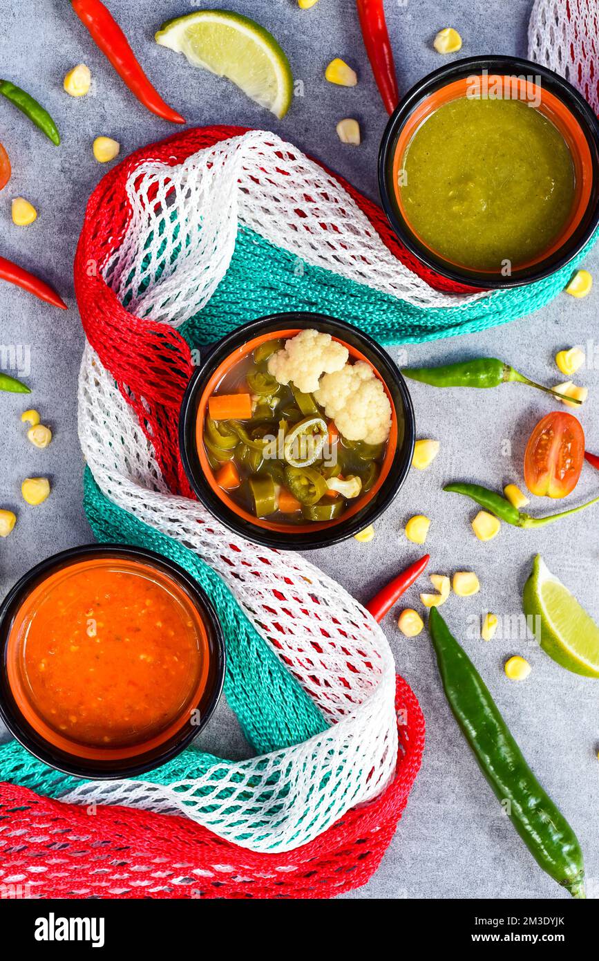 Primo piano di salsa Roja tradizionale salsa messicana con ingredienti per  la preparazione su sfondo verde chiaro. Ricetta fatta in casa Pico de Gallo  con nachos Foto stock - Alamy