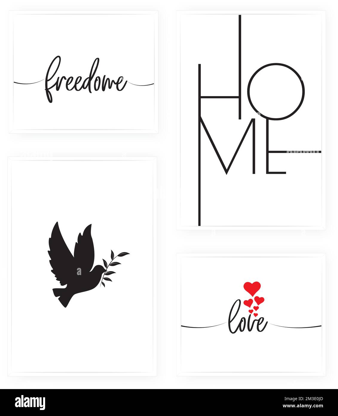 Casa, amore e libertà, vettore. Poster dal design minimalista in quattro pezzi. Opere d'arte, opere d'arte. Illustrazione Vettoriale